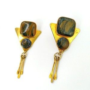 Vintage 1980s Gold Tone Statement Earrings with Dark Tiger-Eye Like Stones